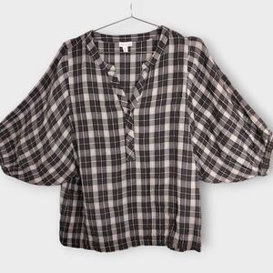 Garnett Hill Top‎ Size 12 Brown Plaid Dolan Sleeve Linen Lagenlook, Academia